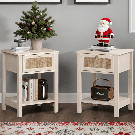 Surmoby White Nightstand Set of 2,Boho Bedside Tables with Rattan Decor Drawer and Open Storage Shelf, Night Stand and Dresser Set Side Table End Table for Bedroom  Living Room Entryway