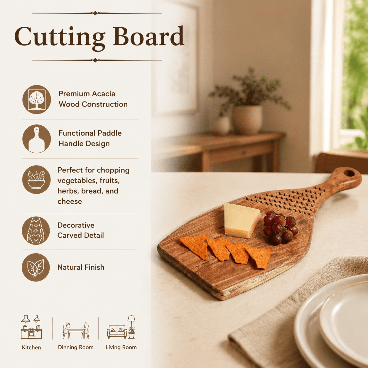 Acacia Wood Cutting Board with Handle, Handcrafted Wooden Chopping Board, Natural Finish Serving Board for Bread, Cheese, Fruits & Charcuterie, Decorative Paddle Board, 7 x 0.75 x 16.5 Inches