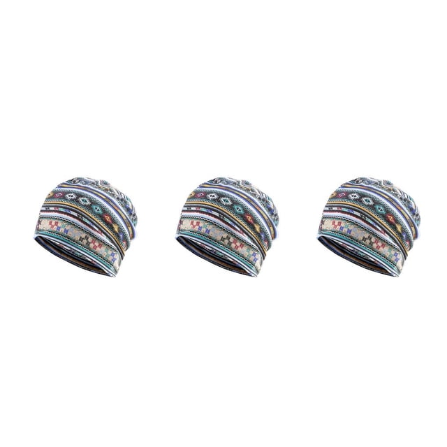 Maytalsory Beanie Hat Ethnic Style Hijab Floral Print Colorful Turban Adjustable Ear Protection Styling Accessories Bonnet Blue stripe 3Set