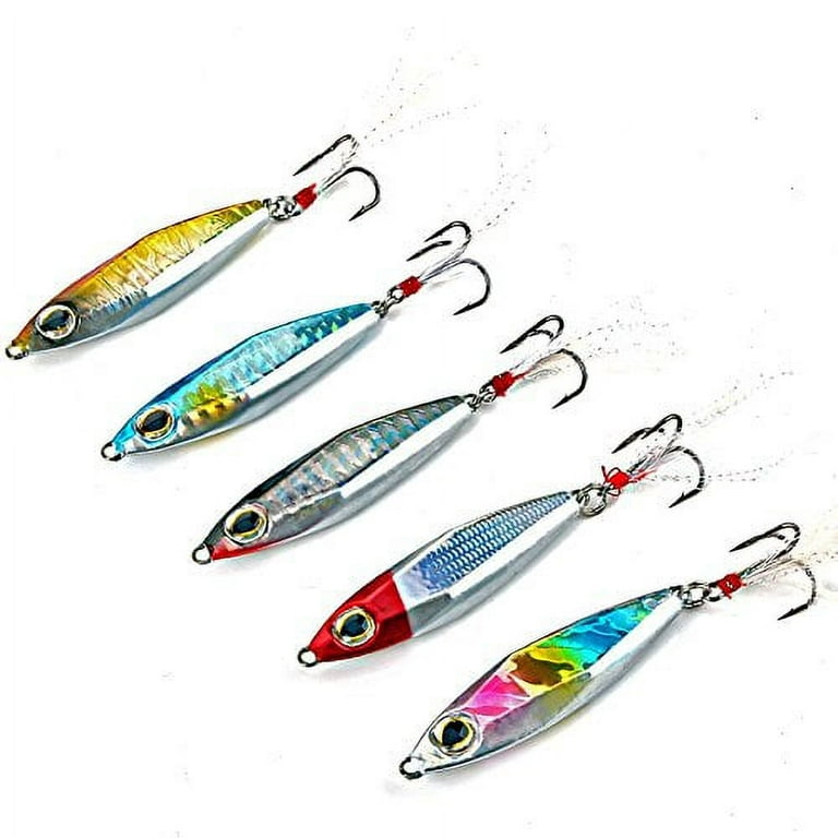 Sougayilang Jigs Fishing Lures Sinking Metal Spoons Micro Jigging Bait with  Treble Hook for Saltwater Freshwater Fishing-A-2.56in/1.16oz-5PCS with Box