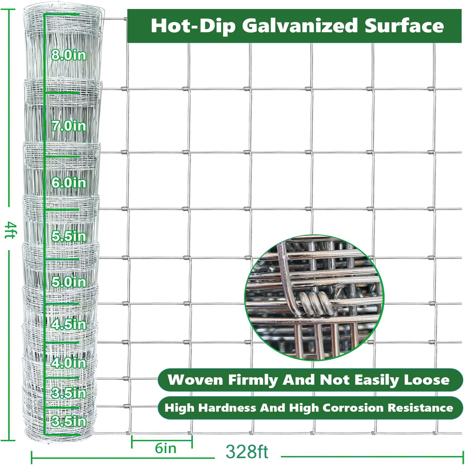 Miniyam 4ft x 328ft - 14 Gauge Heavy Galvanized Steel Field Fence Roll for Cattle, Horses, Deer, Goats, Hogs, and Livestock Pasture