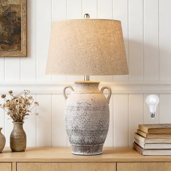 26in Farmhouse Ceramic Table Lamp, 3-Way Dimmable Bulb Included, Rustic Bedside Light for Bedroom Living Room