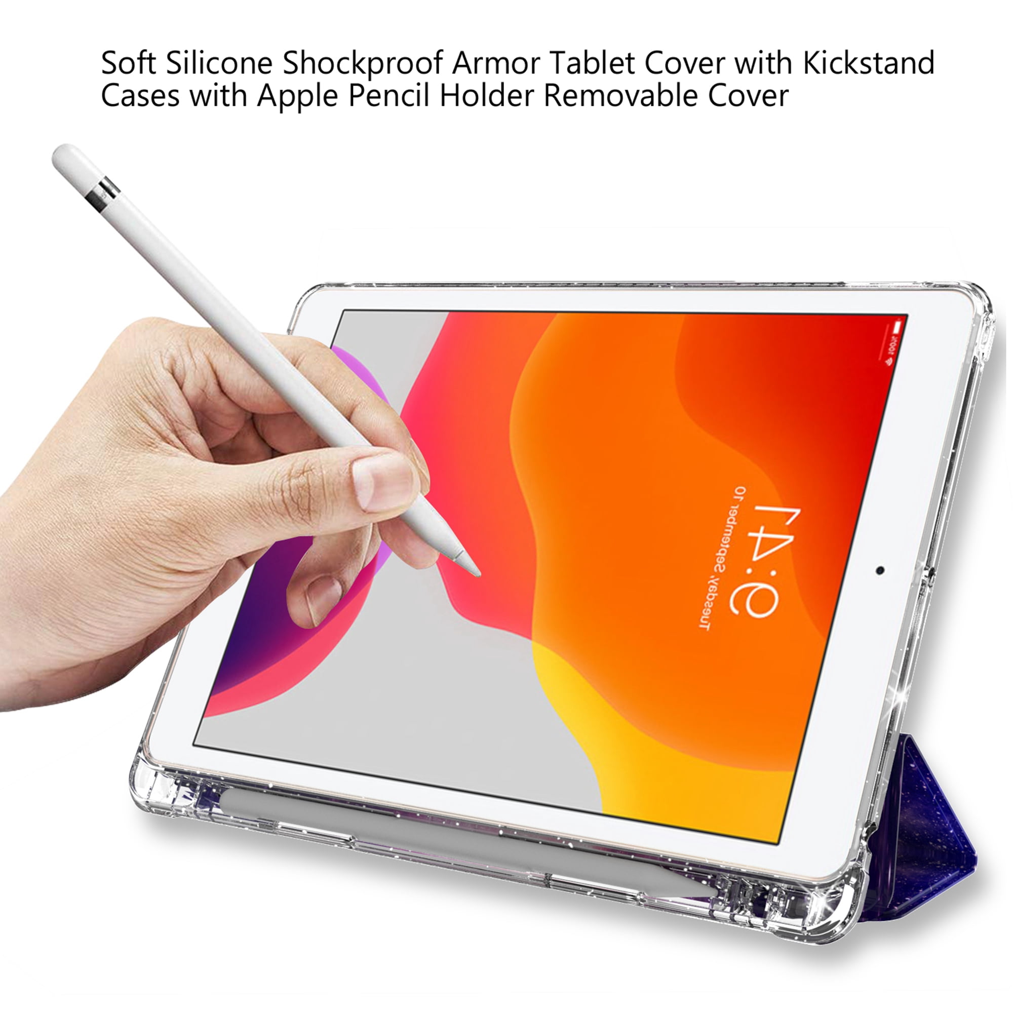 Dteck Compatible with iPad 8th Generation / iPad 7th Generation Case, iPad 10.2 Inch Cases with Pencil Holder, Flip Smart Case Trifold Stand Glitter Clear Back Cover,02 Galaxy