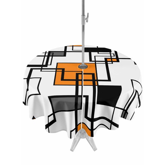 Outdoor Tablecloth with Umbrella Hole for Patio/Picnic/Party/Camping, Orange Geometric Waterproof Table Cloth Round Cover Washable, Black Grey Abstract Striped Modern Art (Dia 54")