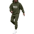thumbnail image 2 of Wutalume Men's Universal Solid Color Flag Print Hooded Sweatshirt and Sweatpants Set, Versatile Fit for Sports and Lounge, Comfortable Fabric with Modern Style,Army Green L, 2 of 5
