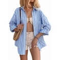 thumbnail image 2 of Womens Striped Oversized Button Down Shirts Long Sleeve Collared Blouses Shackets for Women Blue S, 2 of 9