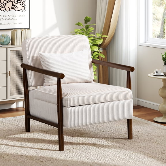 Aukfa Upholstered Accent Chair with Storage Seat & Waist Cushion, High-Density Lounge Armchair for Living Room Bedroom,White