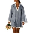 thumbnail image 2 of QUNYINEY Beach Summer Dresses for Women Plus Size Striped Mini Long Sleeve T-Shirt Dress Loose Fit V Neck Casual Vacation Dresses, 2 of 8