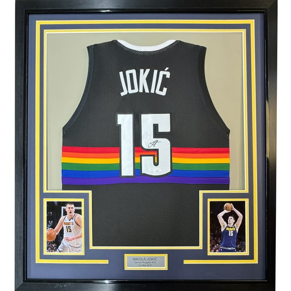 Framed Autographed/Signed Nikola Jokic 35x39 Denver Black Rainbow Basketball Jersey JSA COA
