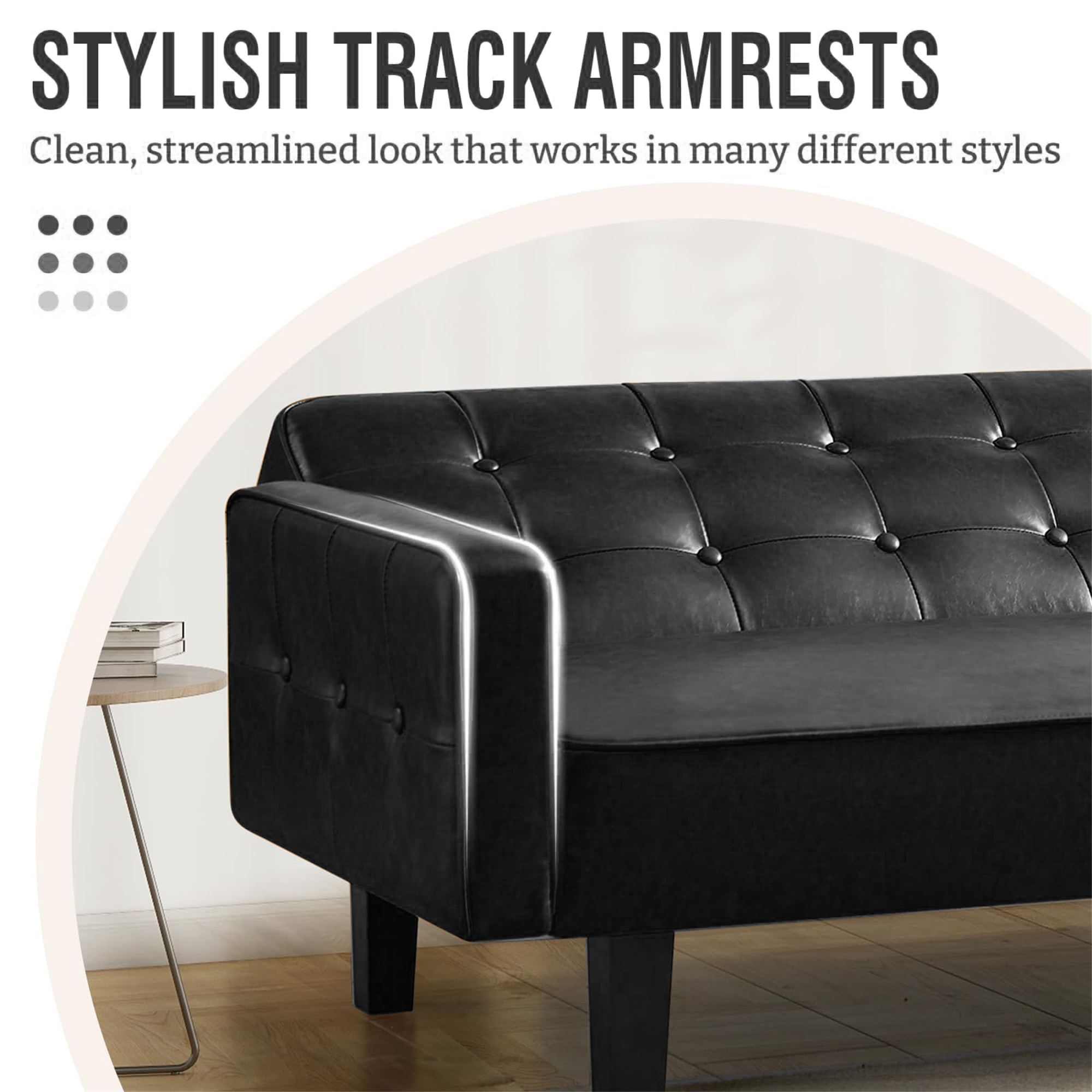 Aukfa 75" Button-Tufted Futon Convertible Sofa Bed for Home Office, Leather, Black