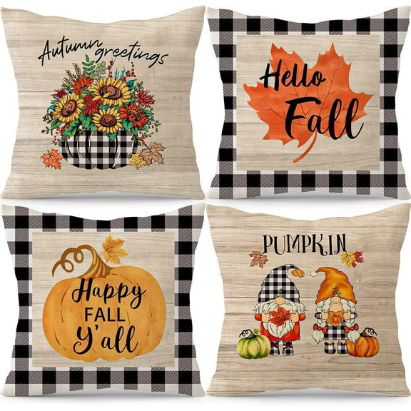 Xudzrot Buffalo Plaids Pumpkin Gnome Fall Throw Pillow Covers 18x18 Set of 4 Truck Maple Leaves Happy Fall Throw Pillows Case Farmhouse Outdoor Harvest Thanksgiving Decorative Pillow for Sofa