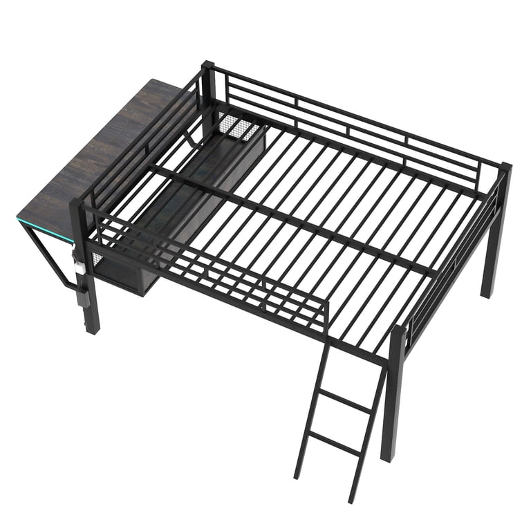 Euroco Full Loft Bed with Desk, LED Light and Storage, Black photo 6