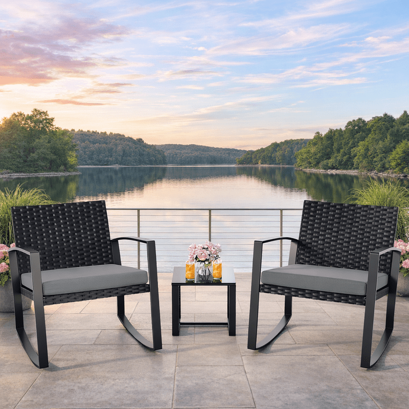 3-Piece Outdoor Patio Rocking Bistro Set, PE Rattan Wicker Conversation Furniture with Tempered Glass Coffee Table for Garden Balcony Backyard Poolside, Grey Cushion