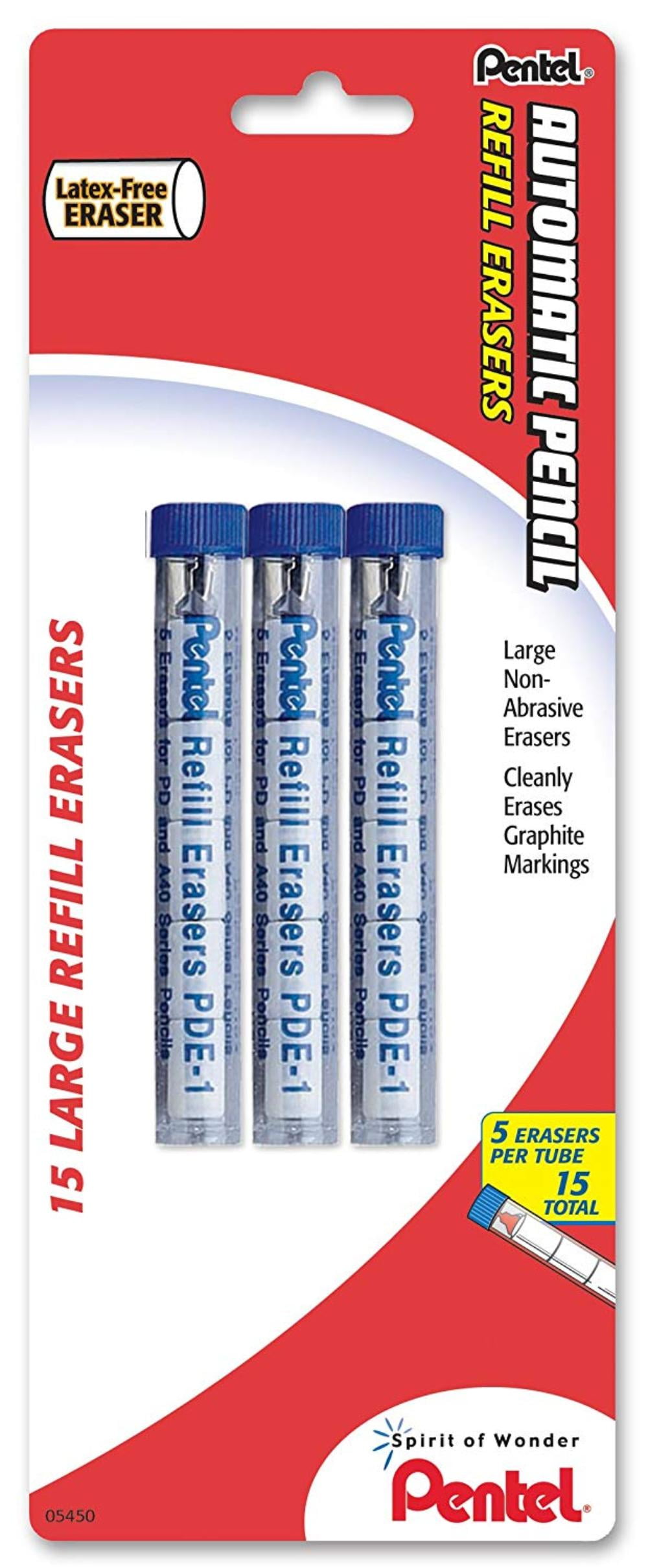 Pentel Eraser Refills for Mechanical Pencils Pack of 15 (PDE1BP3K6), Large latexfree white