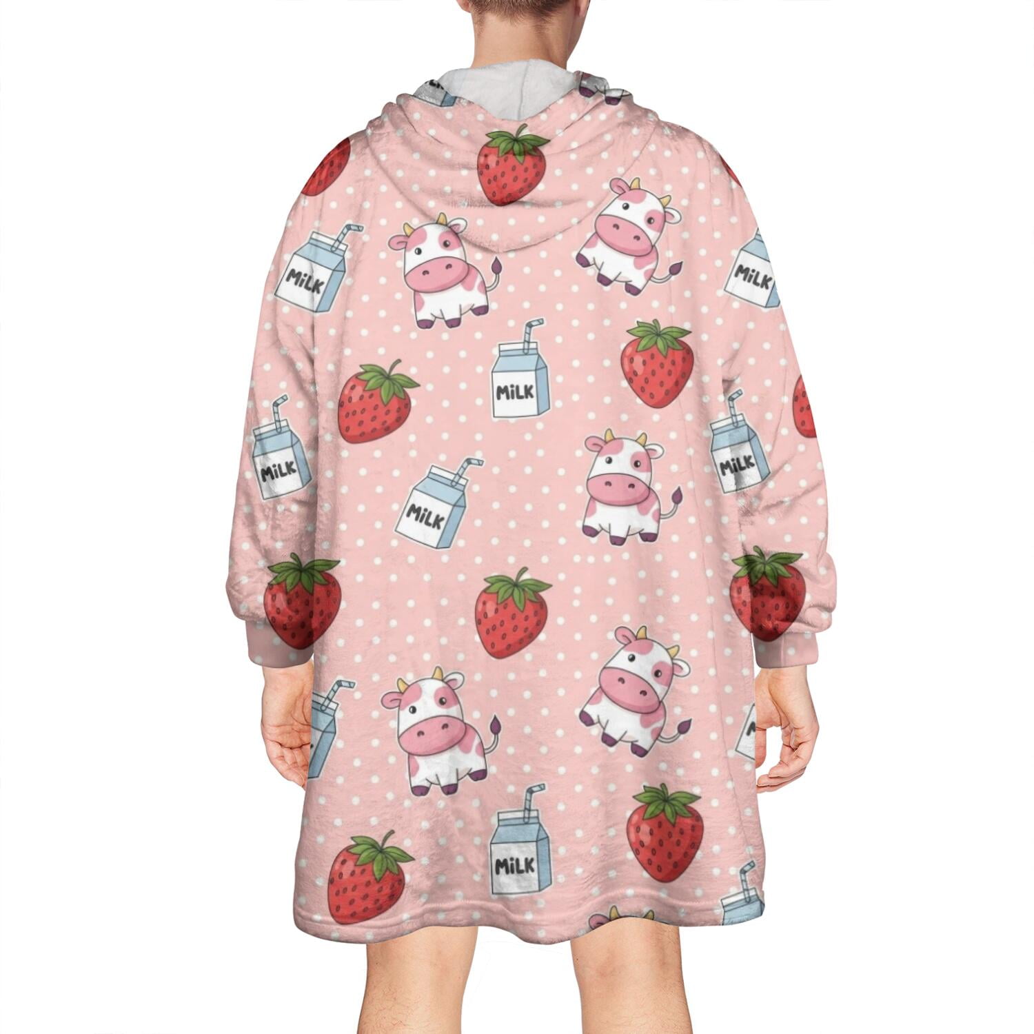 Wearable Oversized Blanket,Pink Cow Strawberry Milk Pattern Wearable Blanket Hoodie for Adults,Cozy Hooded Blankets with Super Pockets,Super Warm Fuzzy Pullover for Women & Men