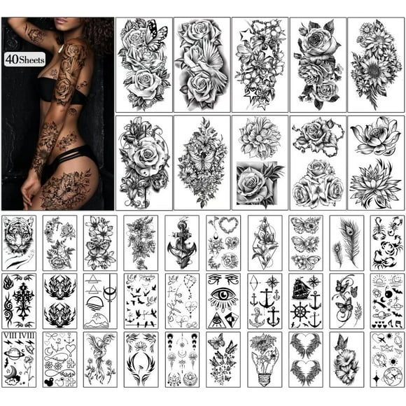 40 sheets Waterproof Temporary Tattoos Flowers Rose Butterfly Fake Tattoo Body Art Tattoo Stickers for Women or Girls