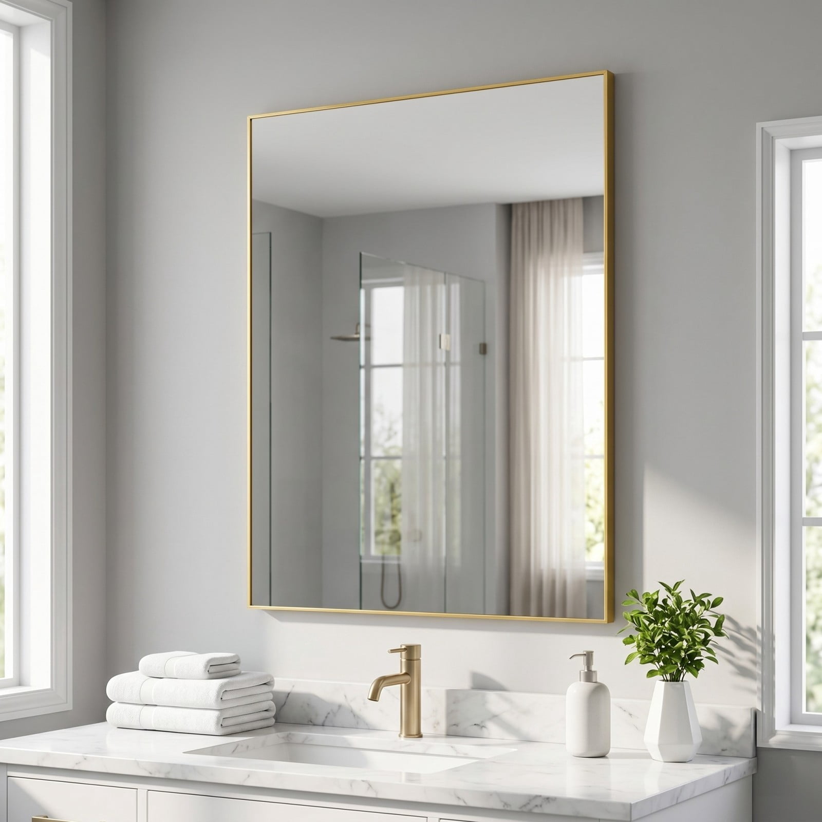 Gleamira 32"x40" Rectangular Bathroom Mirror Wall Mounted Mirror with Metal Frame, Gold