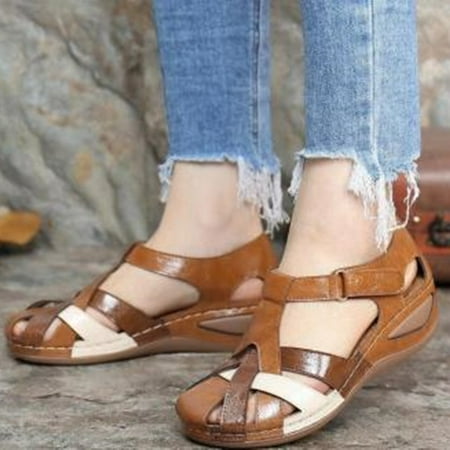 

Huanxu Hollow Closed Toe Sandals for Women Soft PU Leather Vintage Summer Casual Non-Slip Beach Platform Shoes