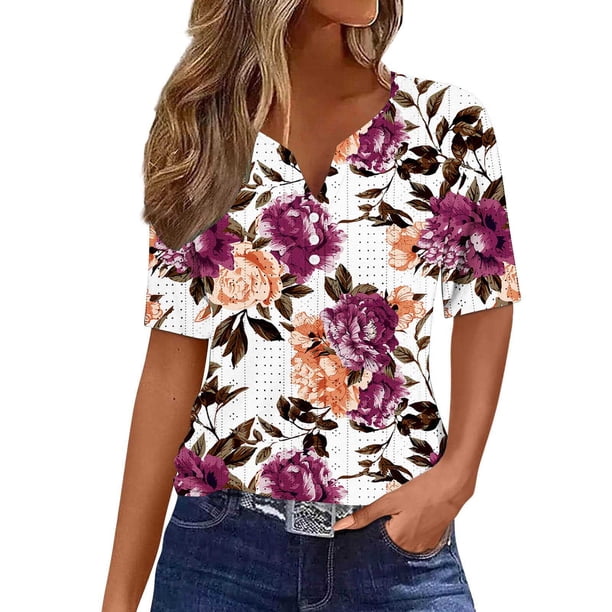 Camisetas Casuales de Mujer con Cuello en V Camiseta de Color Sólido, Manga Corta Casual Top para el Uso Diario