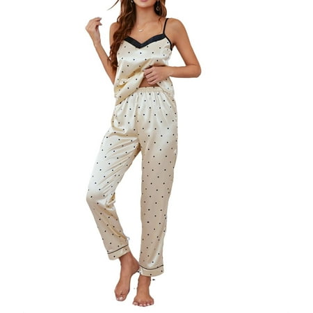 

Women s 2 pieces Satin Pajama V Neck Cami Top Loungewear Long Pants PJ Set Sleepwear
