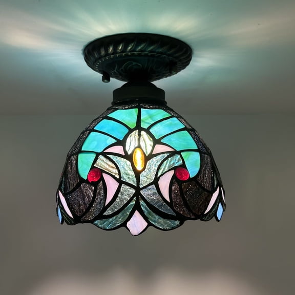 Tiffany Ceiling Lights Fixture Brown Green Stained Glass LED Bulb Included for Living Room Bedroom Kitchen 8”W*8”D*8”H