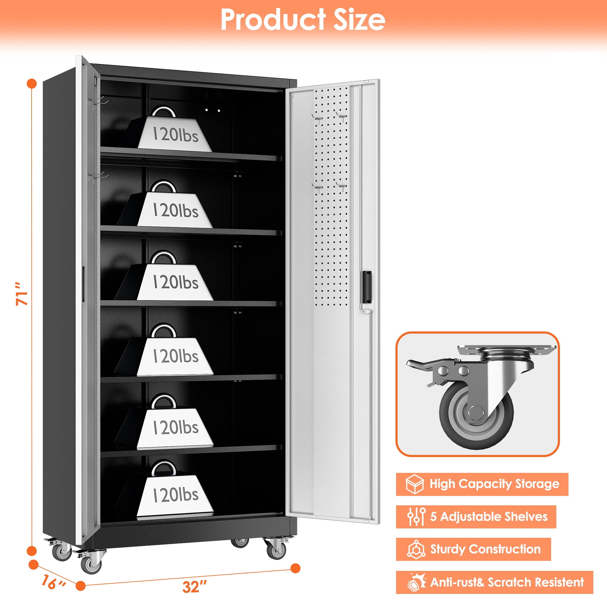 Aobabo Metal Garage Storage Cabinet with Wheels, Rolling Tool Storage Cabinet with 5 Adjustable Shelves and Pegboard for Home Office Utility Room,Required Assembly,Black Silvery 71" H×32" W×16" D