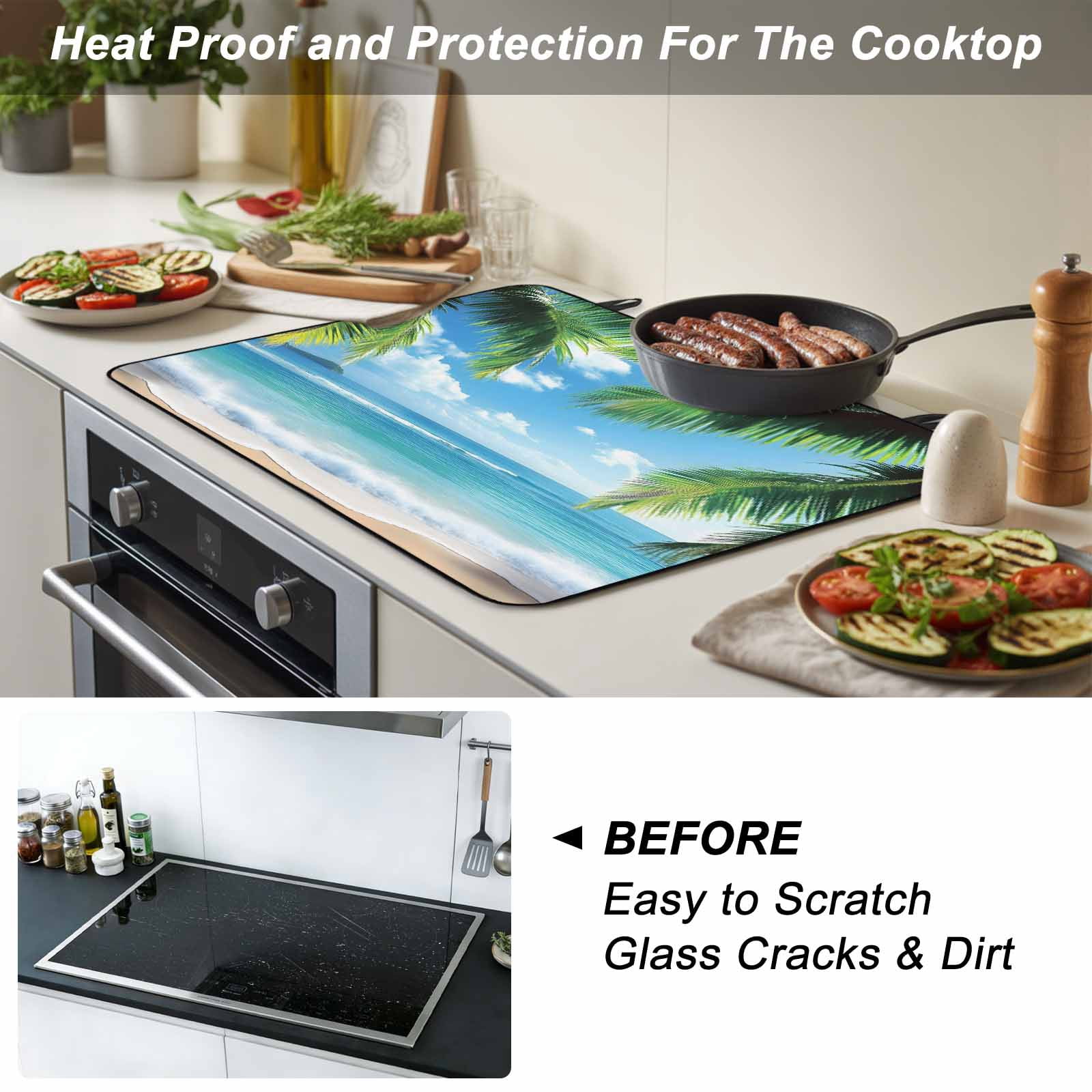 Beach Ocean Waves Stove Top Cover for Electric Stove, Heat-proof & Non Slip Glass Top Stove Cover Protector, Summer Tropical Palm Tree Leaves Kitchen Flat Cooktop Rubber Mat 24x21 Inches