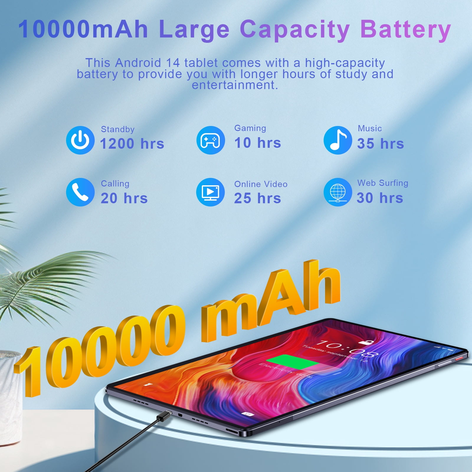 Golzer 15 inch 2.5K Display Tablet with Foldable Stand, Android 14 Tablets, 8GB RAM 256GB ROM, Quad-Core Processor up to 2.2 GHz , 5MP+13MP Camera, 10000mAh, 2.4G/5G WiFi, BT5.0