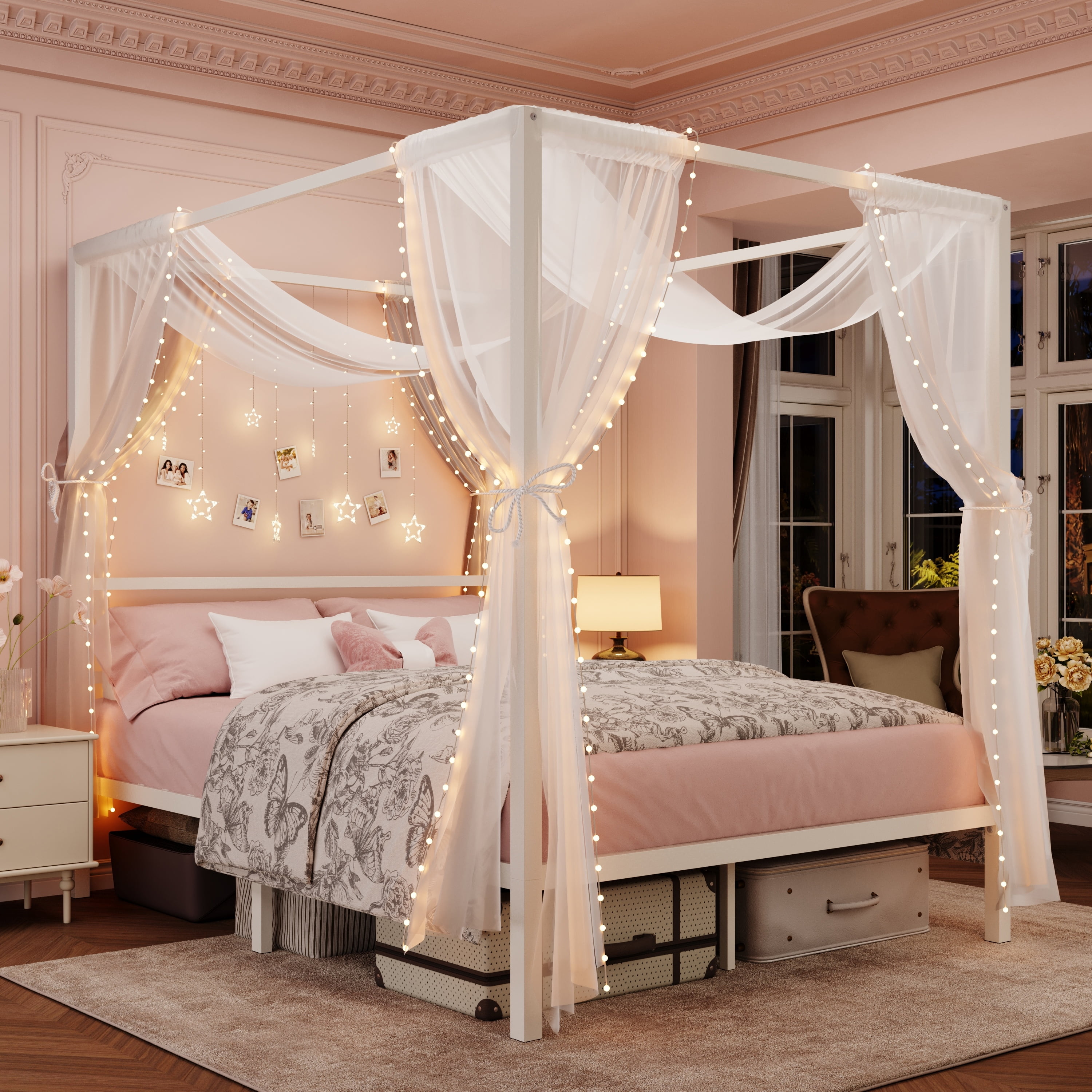 Amolife Full Bed Frame, Canopy Bed with Metal Headboard, No Box Spring Needed, White