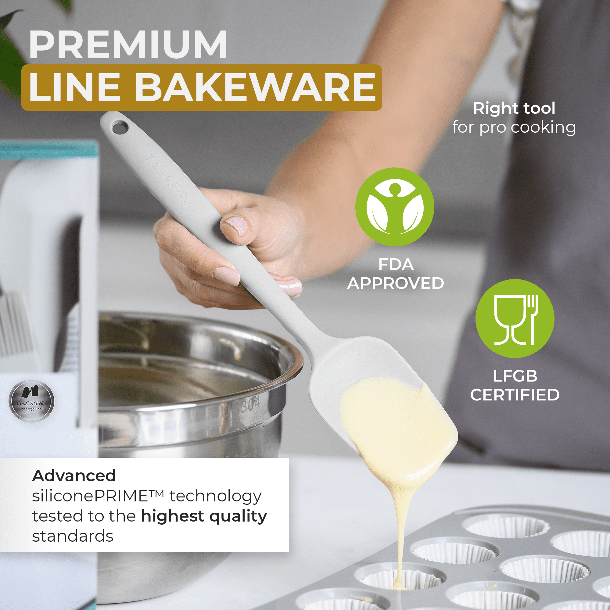 Kitchen Utensils Set | Cooking Set | Platinum Silicone | Durable | Food Safe | Steel Inner Core | Soft Edges | Baking Gift by Cook'n'Chic
