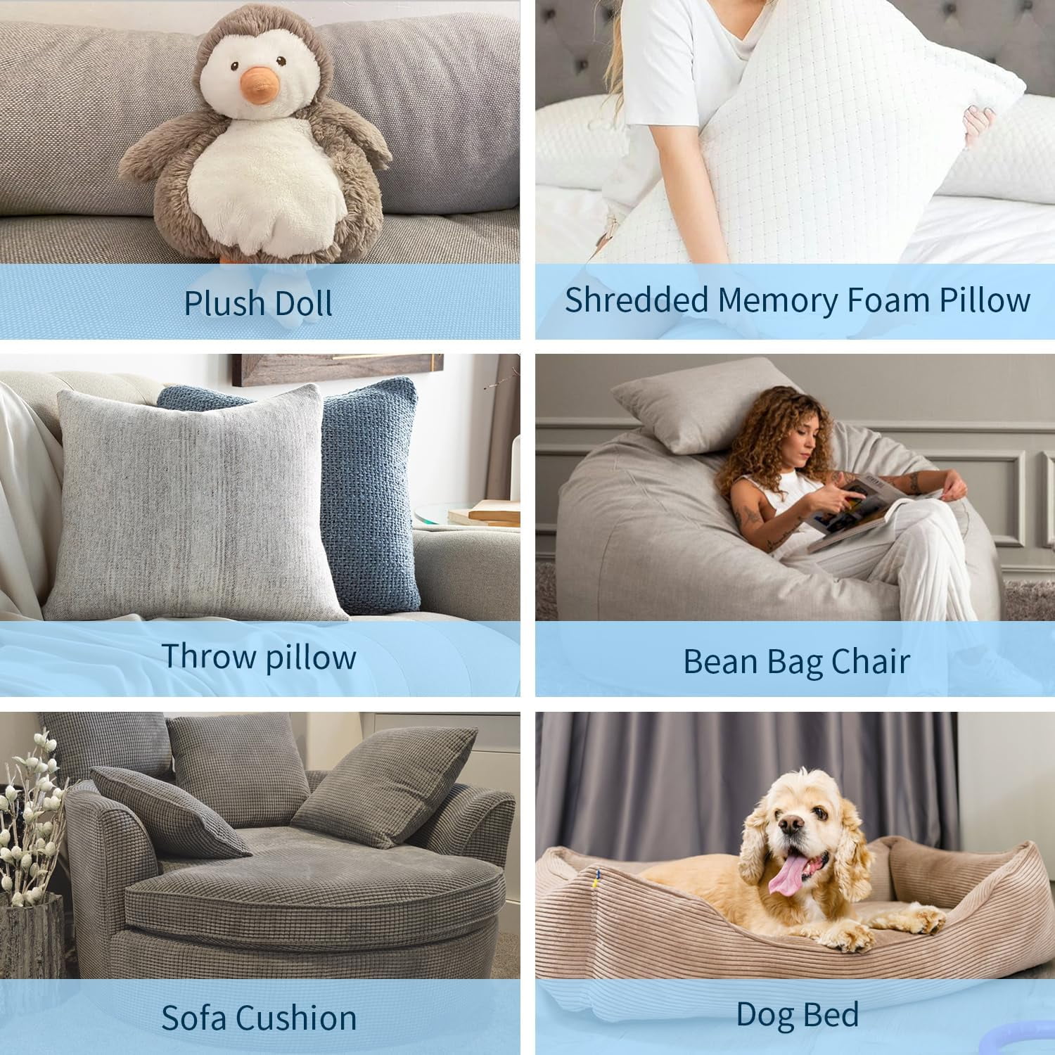 Bean Bag Filler, Shredded Memory Foam Filling, Soft Pillow Stuffing Bean Bag Refill Foam for Couch, Cushion, Stuffed Animals, Dog Bed, Arts Crafts