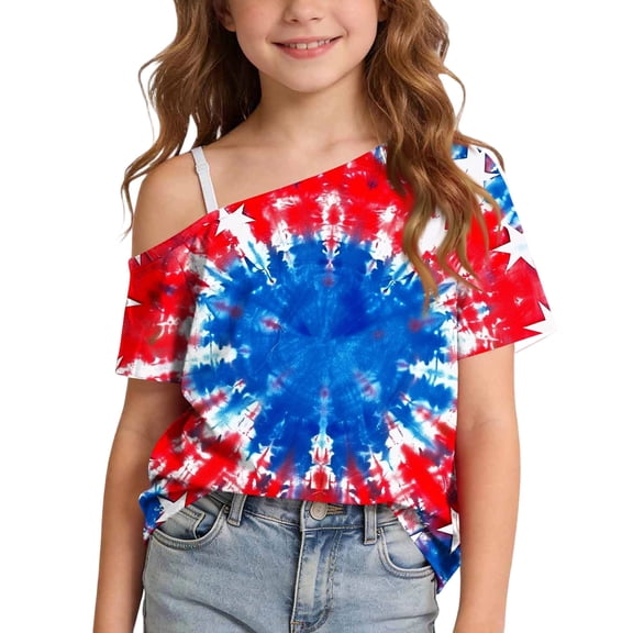 Girls 4th of July Off Shoulder Patriotic Tie Dye Top American Flag Stars Red White Blue Multicolor Short Sleeve Summer Casual Shirt for Kids,Size 13 T