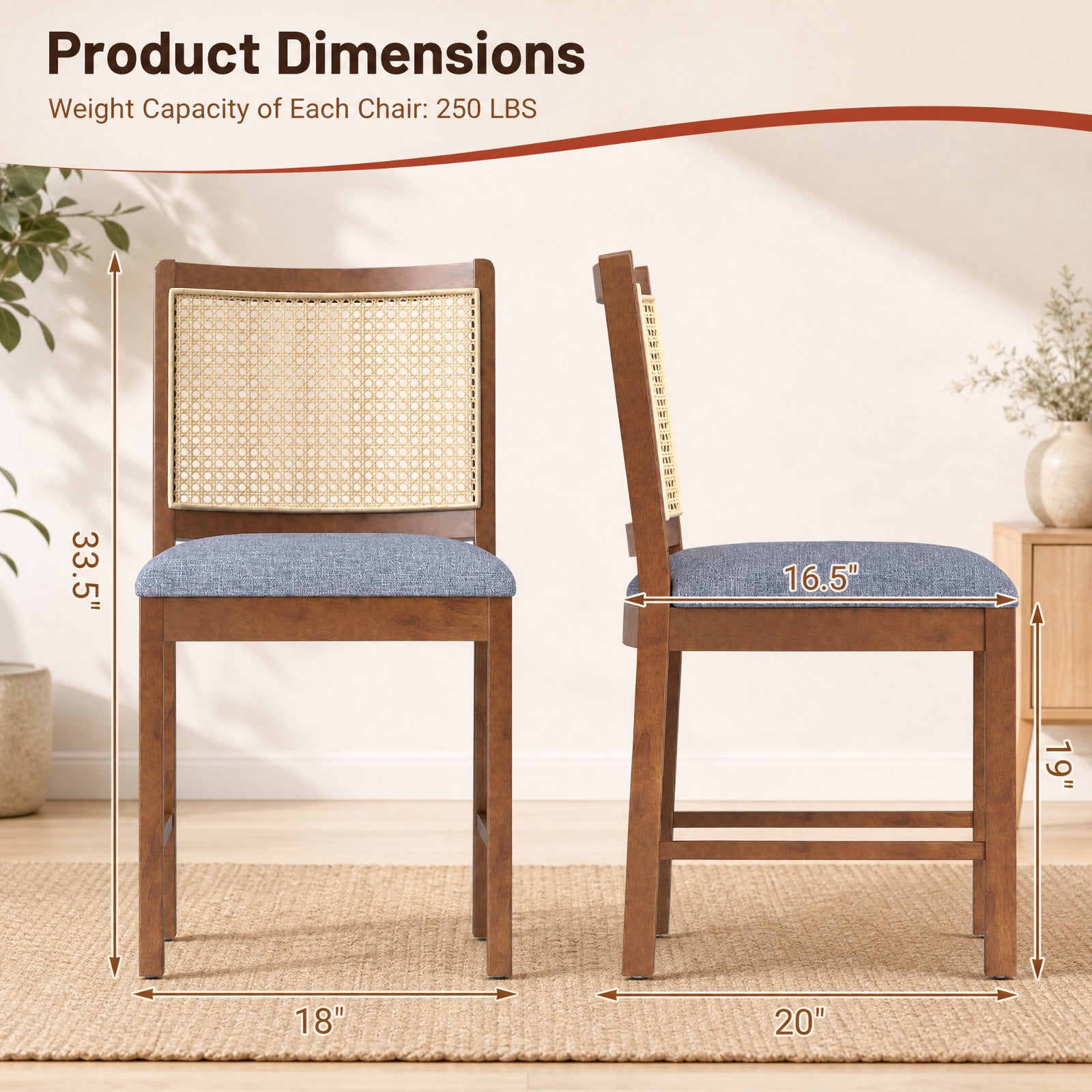 Furnibear Rattan Dining Chairs Set of 2 with Rubber Wood Frame and Linen Fabric Padded Seat for Kitchen and Dining Room, Walnut