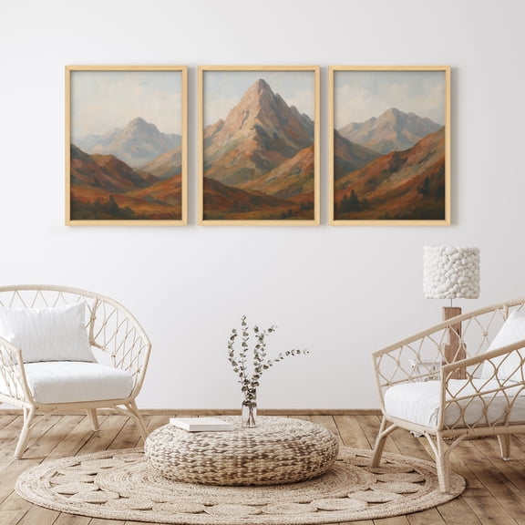 Framed Print Wall Art Set of 3 - Abstract Mountain Landscape Poster Art - 3 Pieces Nature-Inspired Modern Wall Decor for Living Room - 12"x16"x3 Natural