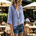 thumbnail image 5 of Women's Plus Size Gingham Blouses V Neck 3/4 Sleeve Loose Tunic Shirts Work office Casual Summer Tops Lightweight Everyday Plaid Shirts Navy, 5 of 7