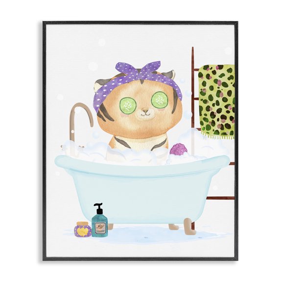 Stupell Industries Bohemian Children's Tiger Bubble Bath Cute Safari Animal Bathroom Black Framed Giclee Art, 11 x 14, by Erica Billups