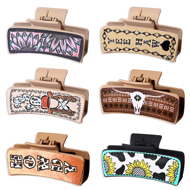 Pinzas para el pelo estilo western para mujer, 4 o 6 unidades, pinzas grandes para el pelo con diseño de bota vaquera, pinzas de cuero antideslizantes con diseño de leopardo y girasol para cabello gru