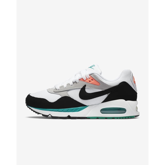 tenis nike air max correlate new green talla 27cm mx 511417-136 nike correlate Vista lateral derecha de tenis en blanco con Swoosh negro, malla y capas de gamuza gris y negro, unidad Air visible en la entresuela blanca, detalle de suela y cámara Air en verde azulado y ojales salmón; diseño deportivo de perfil bajo, también apto para uso casual.