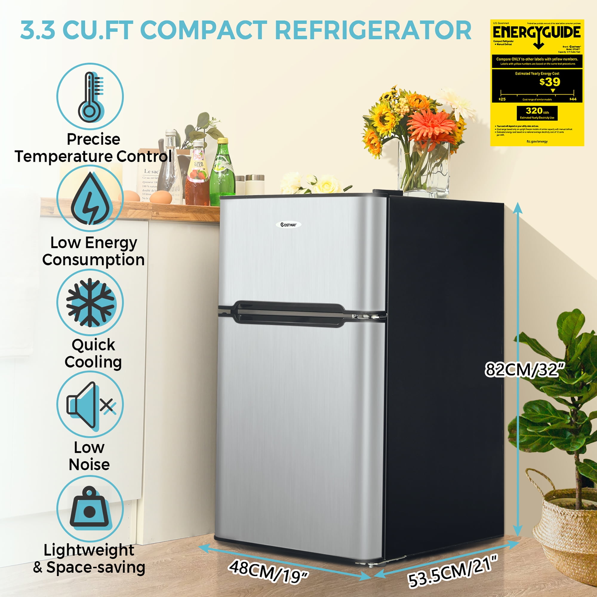 Costway 3.3 CU.FT. Compact Refrigerator w/ Freezer 2 Reversible Door