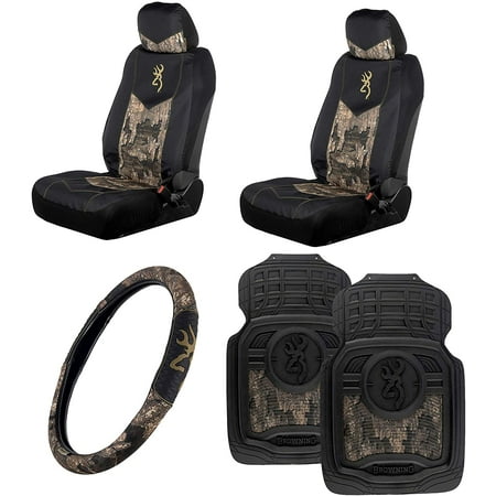 Realtree Timber Camo 5-pc Auto Accessories Kit - Includes 2 Low-back Seat Covers, 2 Floor Mats and 1 Steering Wheel Cover for Car and Trucks