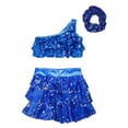 thumbnail image 2 of TiaoBug Kids Girls Sequins Dance Outfits Single Shoulder Crop Top Metallic Layered Skirt with Headwear set Royal Blue 12, 2 of 7