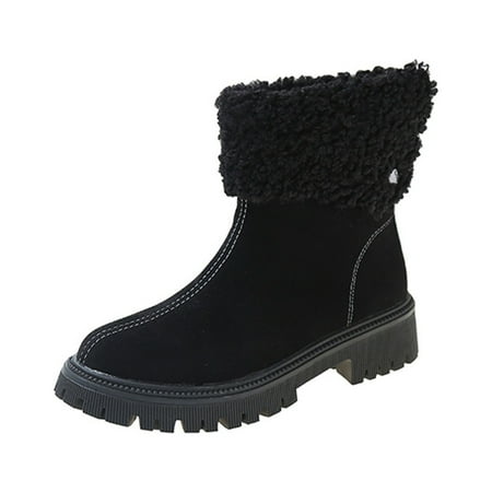 

SEMIMAY Ladies British Style Solid Color Suede Warm Thick Heel Fashion Short Cotton Boots Black