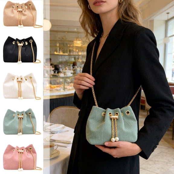 AZXY Crossbody Bags for Women, Khaki Corduroy Bucket Purse with Pearl Chain, Small Trendy Crossbody Shoulder Bag for Casual Commute Travel Daily Use