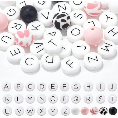 1 Box 36Pcs Silicone Letter Beads Bulk Alphabet Beads English A-Z Capital White Black Pink Flat Round Loose Beads for Jewelry Making Beads DIY Crafts Necklace Bracelet Keychain Beginners Colorful