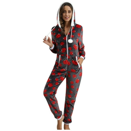

Women s Hooded Jumpsuit Pajamas Fashion Print Zipper Cute Girls Flannel Hoodies Sleepwear Romper Playsuit Homewear