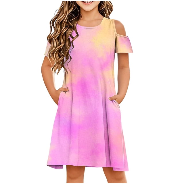 Économies Printemps/été! HVOBTTY Robe Quotidienne Confortable à Manches Courtes pour Fille Robe Sans Manches Extensible Robe Trapèze Tourbillonnante Robe de Récital Scolaire Robe à Manches Courtes Col Rond Rose Vif 5 Ans