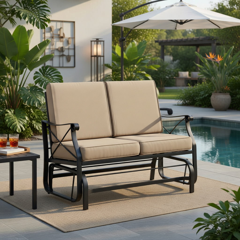Hommoo 2-Person Outdoor Glider Rocking Loveseat with Thick 5.5" Cushions, Heavy-Duty Black Metal Frame, for Patio, Porch & Deck Seating, Gray