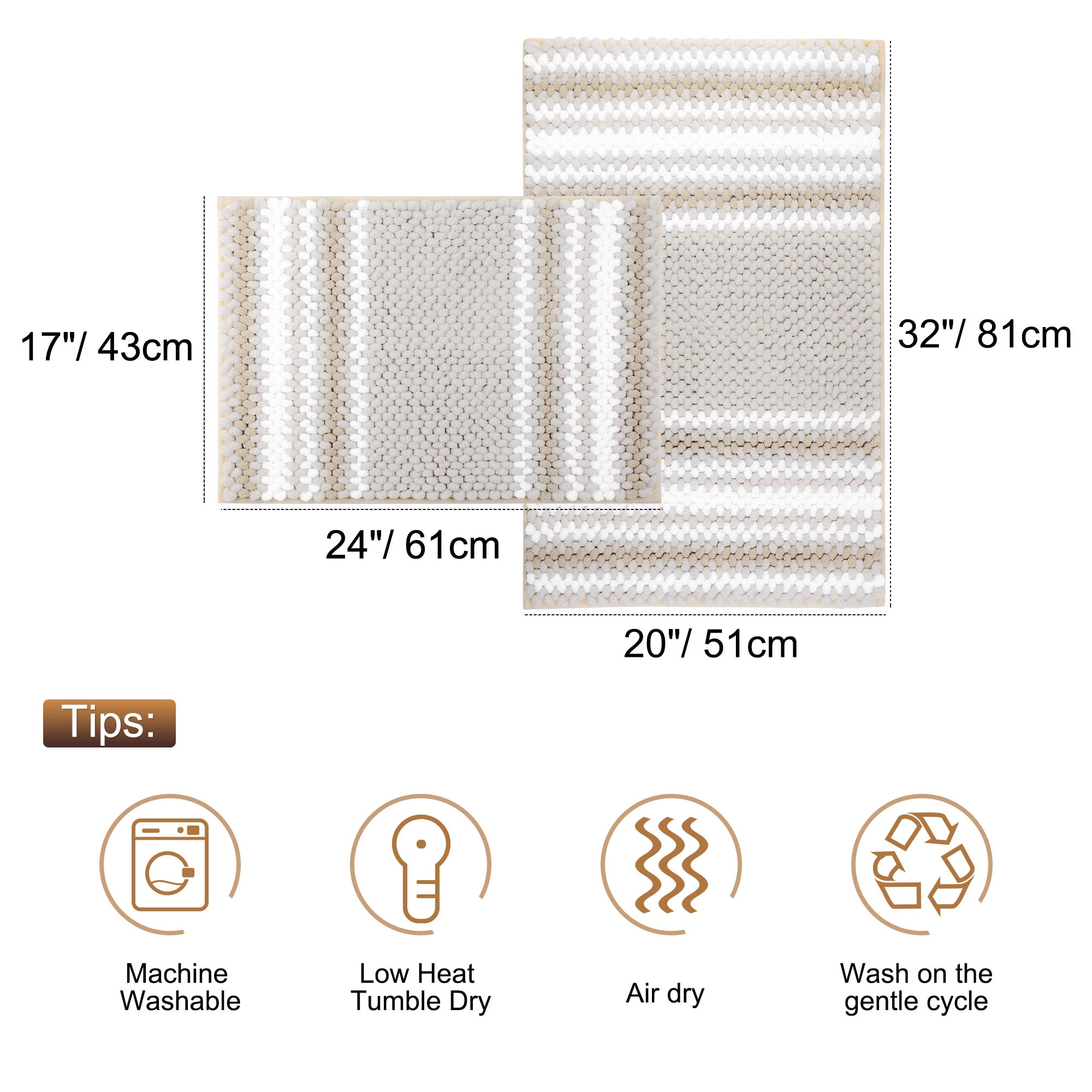 Unique Bargains Chenille Bathroom Rug Set of 2 Soft Fluffy Striped Bath Mat Bone 17"x24"