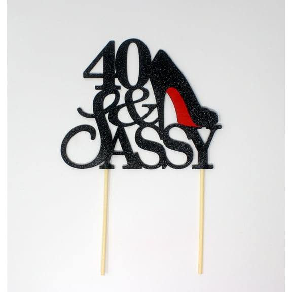All About Details 40 & Sassy Cake Topper (Black), 1pc, 40th Birthday, Party Decor, Glitter Black
