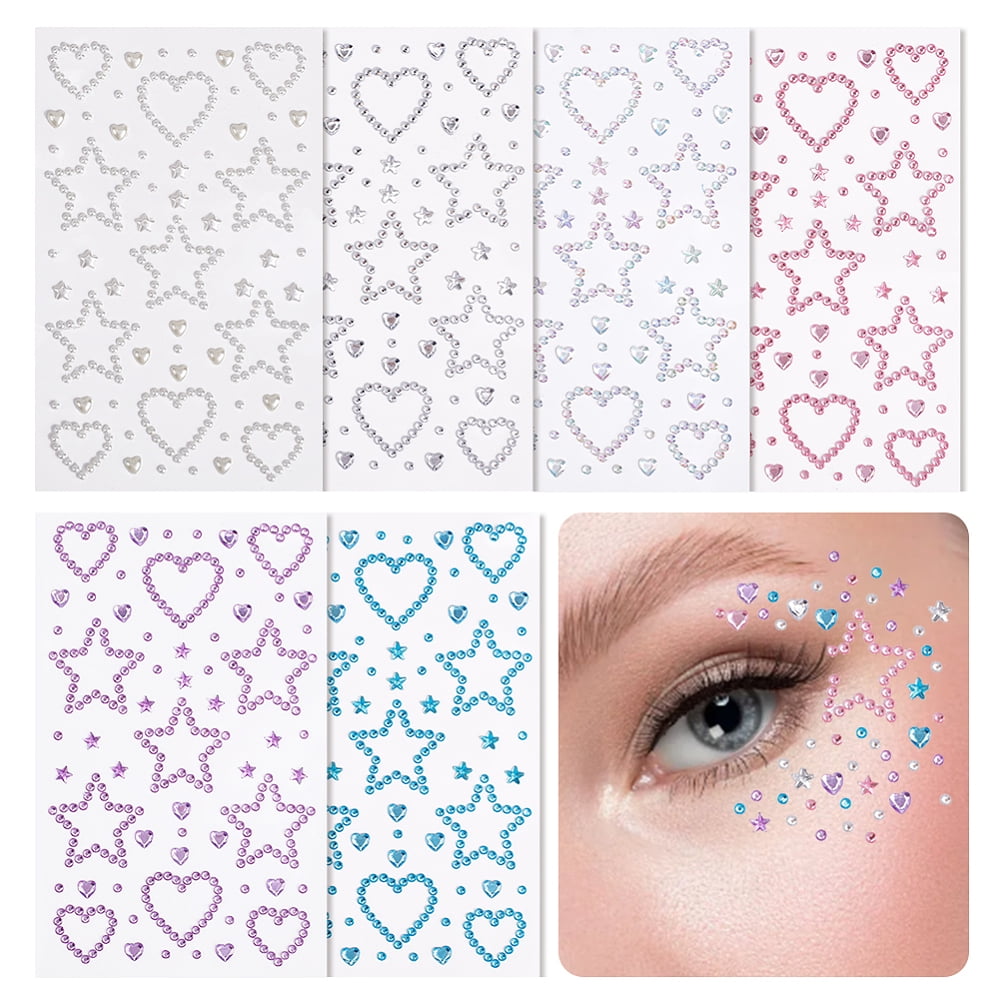 6Pcs 6 Colors Self Adhesive Acrylic Rhinestone Face Gems Stickers Heart Star Mixed Color 15x9.5x0.15cm 1pc/color for DIY